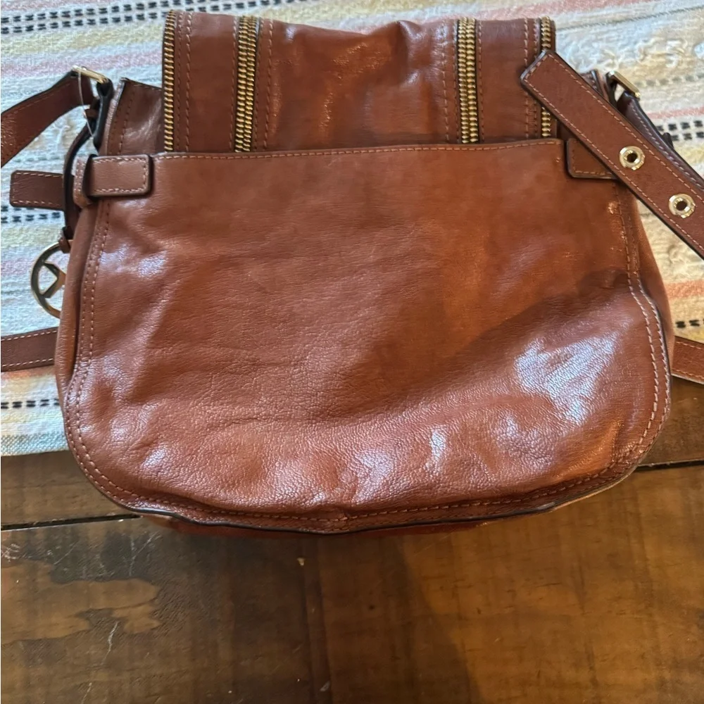 Michael Kors Naomi Brown Glazed Leather Gold Zipper Trim Crossbody Bag Shoulder